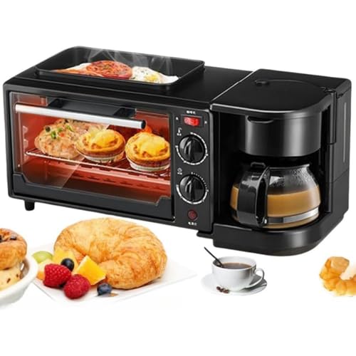 Dearolling 230 °C 高火力 一体型 グリル網 トレー付き 110V ミニオーブン 保温 ベーキング 煮込み料理 休日 朝食 家庭用 サンドイッチ 朝食マシン コーヒーメーカー オーブントースター 3 in 1 コーヒーポット 焼き上げ 飛行機 バーベキュー調理 上下ヒーター タイマー機能 温度調節機能 (a,黑色)